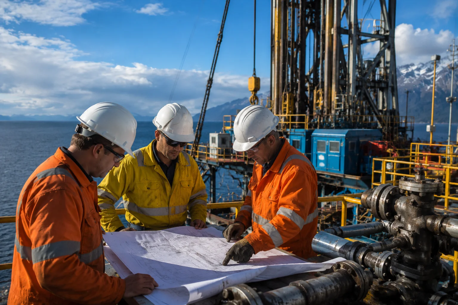 Engineers reviewing blueprints on offshore drilling platform