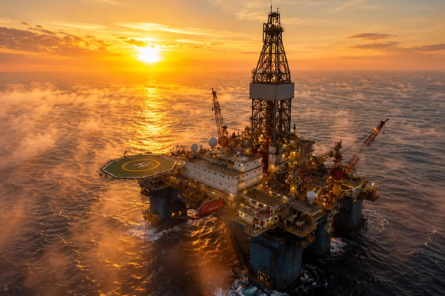 Offshore platform at golden sunrise