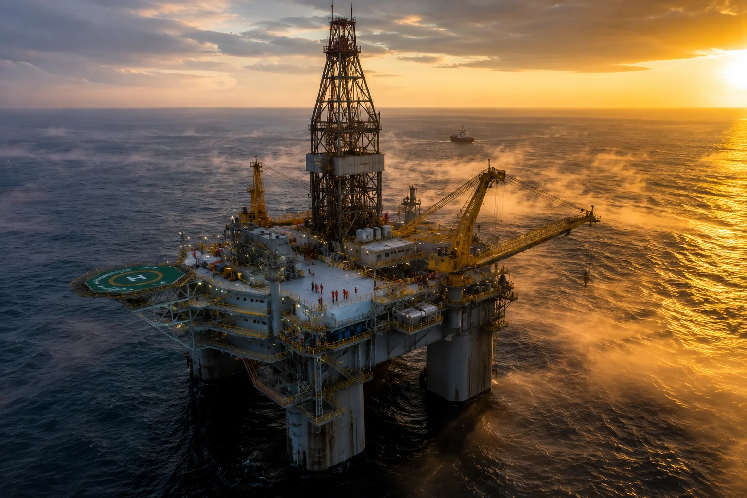 Offshore oil drilling rig at sunset