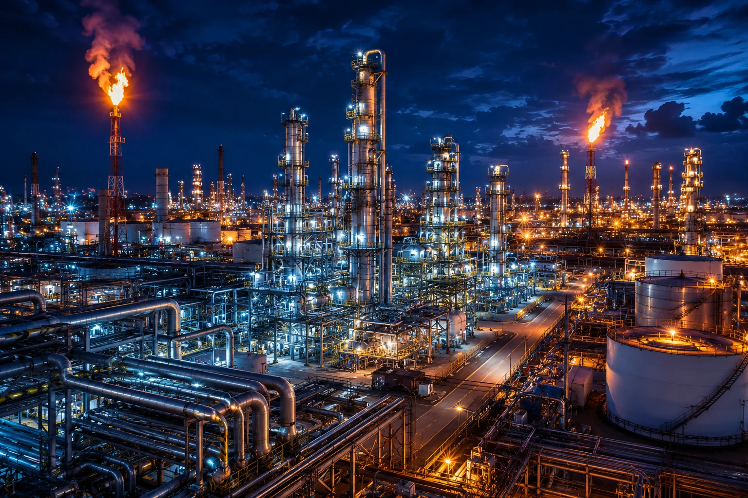 Petrochemical refinery at night with flare stacks