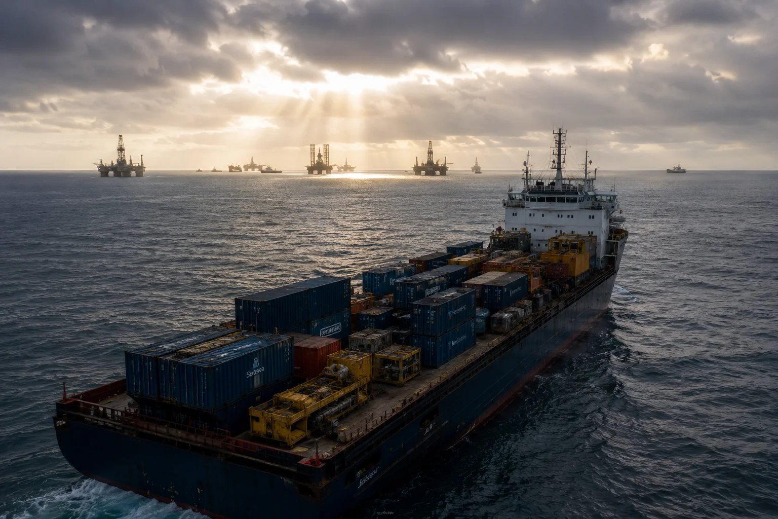Supply vessel at sea with oil rigs